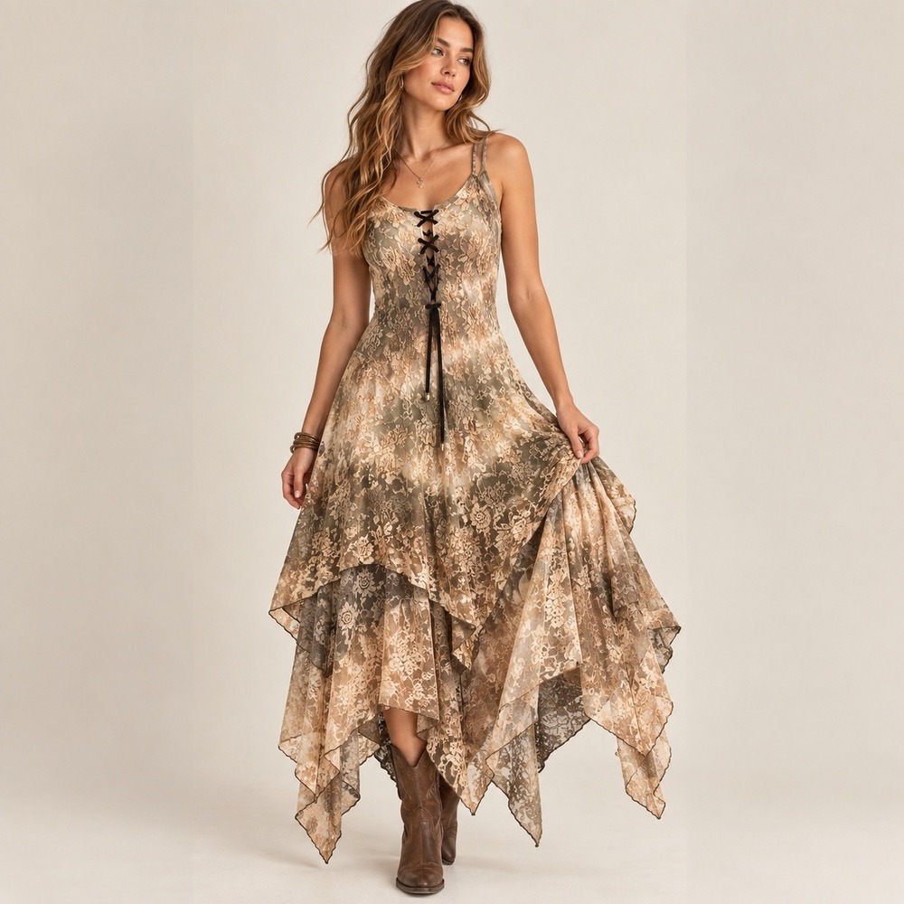 Lace Layered Maxi Dress Women S Tie Dye Browns Floral Handkerchief Hem Lace Up